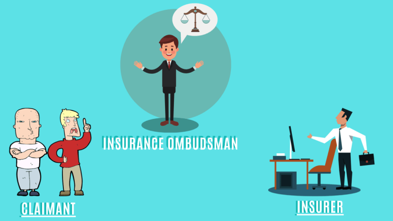 Illustration of an insurance ombudsman mediating between a claimant and an insurer.