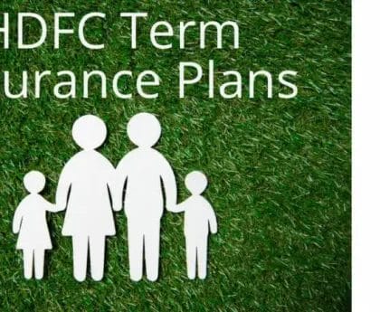 White cutout of a family on green grass background with text "HDFC Term Insurance Plans".