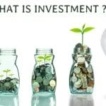 Hand placing coin, jars with increasing coins and plants, and plant-graph inside light bulb, titled "WHAT IS INVESTMENT???"