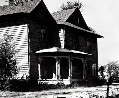 "Black and white photo of an old, wooden, two-story house with a person in a hat observing it from the side."