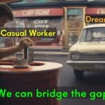 Man working at a diner counter with a vintage car outside the window, text overlay "Casual Worker" and "Dream Car."