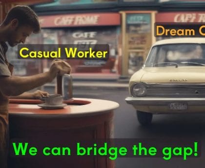 Man working at a diner counter with a vintage car outside the window, text overlay "Casual Worker" and "Dream Car."