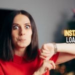 Woman making a funny face, pointing at "INSTANT LOAN!" text over blurred background.
