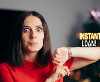 Woman making a funny face, pointing at "INSTANT LOAN!" text over blurred background.