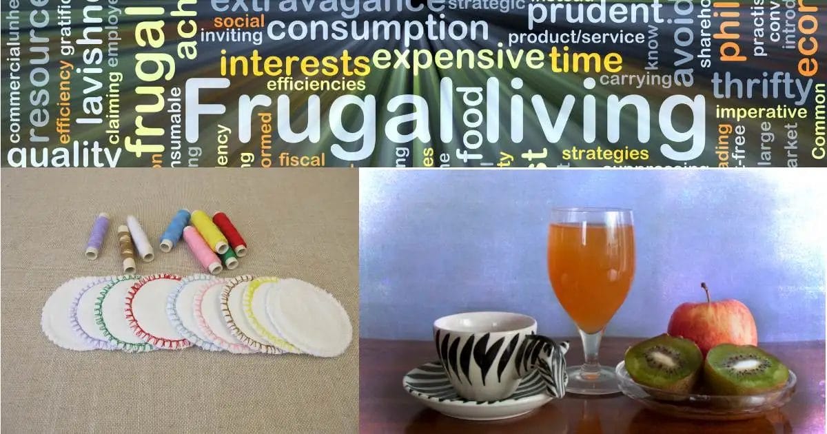 Split image with 'Frugal Living' word cloud on top and sewing supplies, drink, fruit on bottom.