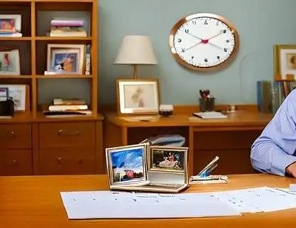 Senior man at home office with laptop, calendar, and clock on the wall.