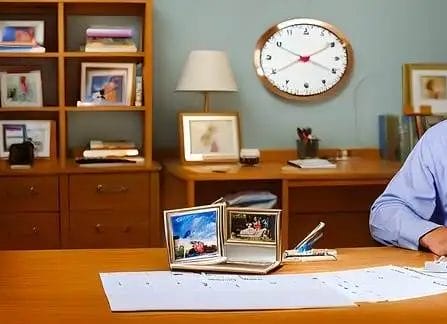 Senior man at home office with laptop, calendar, and clock on the wall.