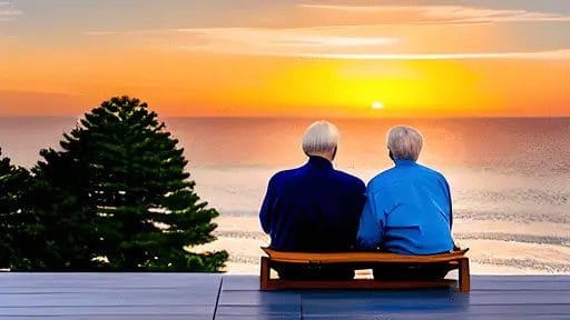Two people sitting on a bench overlooking the ocean at sunset.