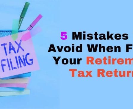 A graphic with text "5 Mistakes To Avoid When Filing Your Retirement Tax Return" and a notepad labeled "TAX FILING" on books.