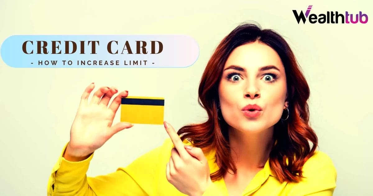 Woman in yellow shirt holding and pointing to a credit card, with text about increasing credit limit.