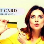 Woman in yellow shirt holding and pointing to a credit card, with text about increasing credit limit.