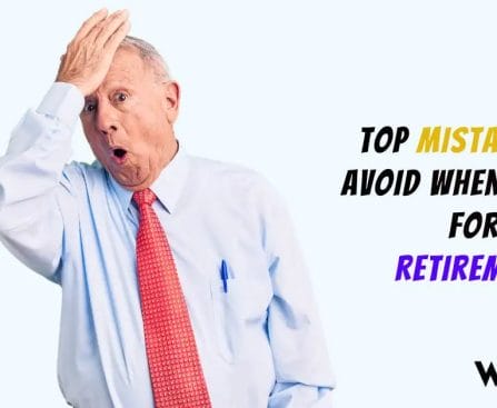 Man with shocked expression and hand on head next to retirement saving mistakes text.