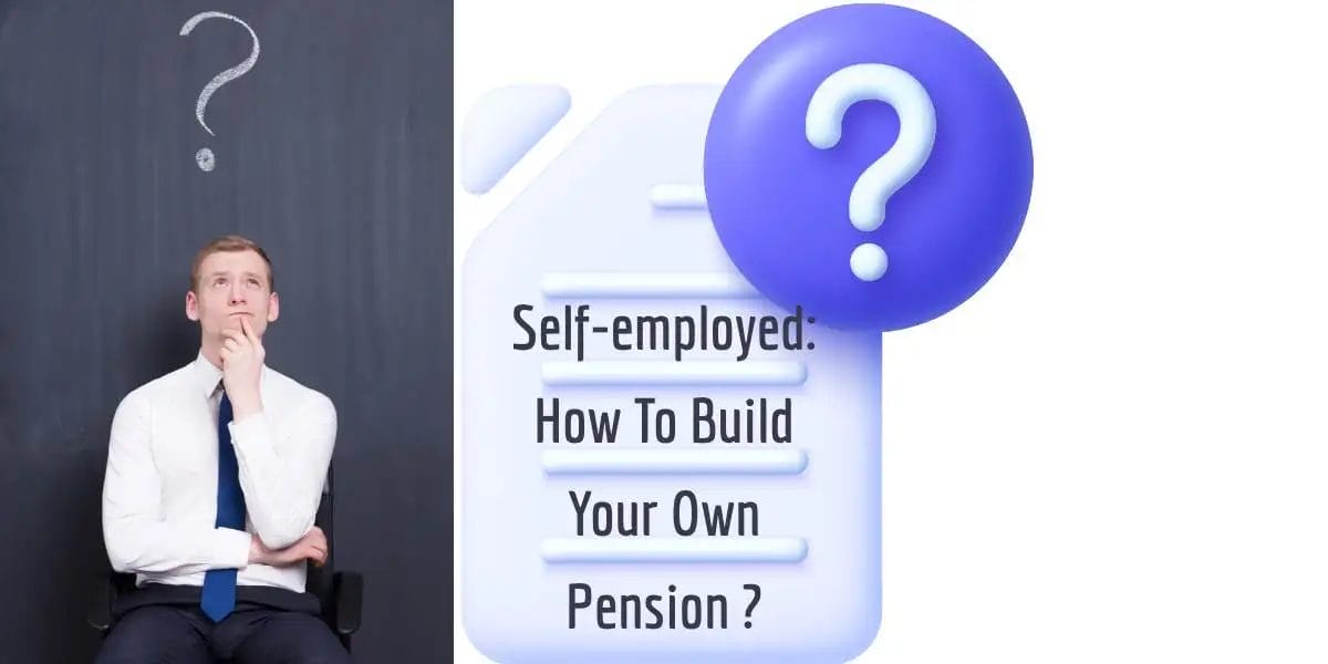 Man pondering a question about building a pension for self-employed individuals, with visual aids.