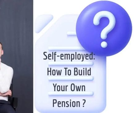 Man pondering a question about building a pension for self-employed individuals, with visual aids.