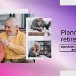 Elderly couple smiling with piggy bank, text "Planning your retirement?" and "Questions to ask about your pension plan."