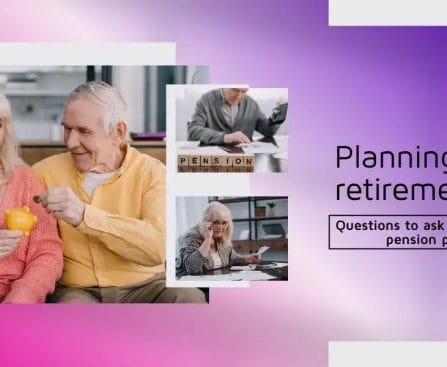 Elderly couple smiling with piggy bank, text "Planning your retirement?" and "Questions to ask about your pension plan."