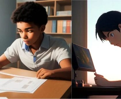 Two animated characters focused on writing, one at a desk and the other by a window at dusk.