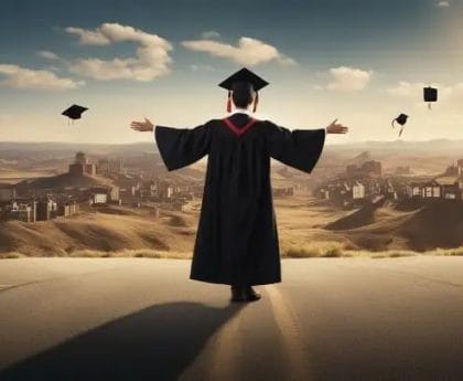 Graduate in cap and gown with outstretched arms as hats fly in the air, desert and cityscape backdrop.