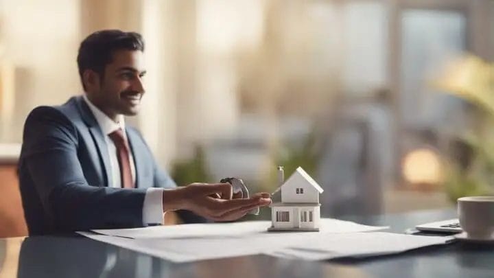 Smiling businessman with house model at desk, suggesting real estate concept.
