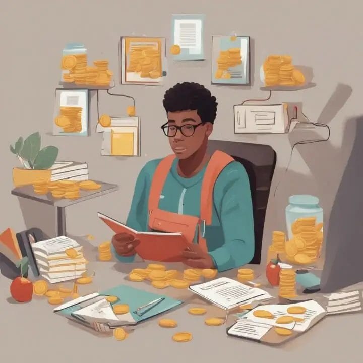 A person surrounded by stacks of coins and papers, reading a book at a desk with a potted plant.