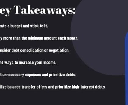 Slide with financial tips titled "Key Takeaways" including budgeting, debt payment, and expense management.