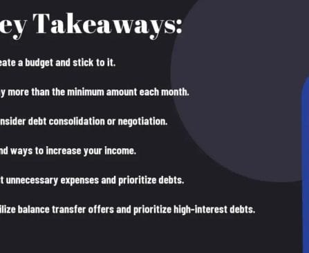 Slide with financial tips titled "Key Takeaways" including budgeting, debt payment, and expense management.