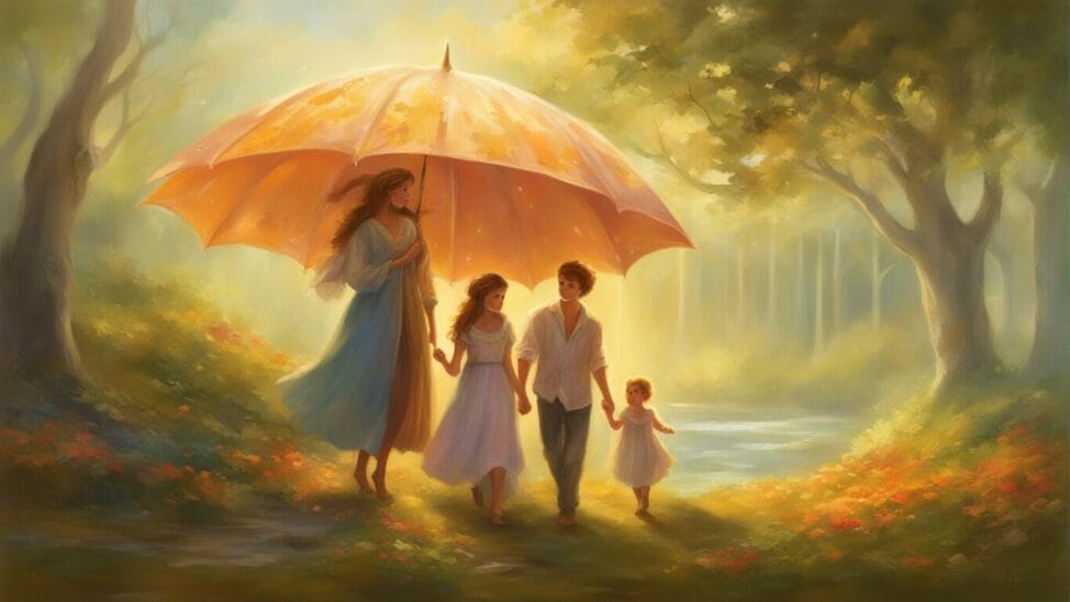 A family of four walking under a large umbrella on a sunlit, forested path with flowers.