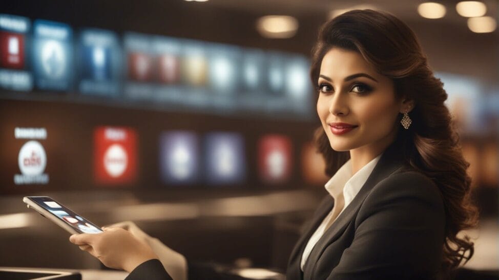 Elegant woman holding smartphone in a business lounge with news channel logos in the background.