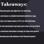 Slide with text "Key Takeaways" listing six investment tips, accented by a blue graphical element.