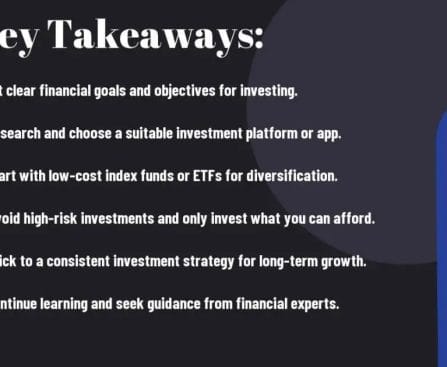 Slide with text "Key Takeaways" listing six investment tips, accented by a blue graphical element.