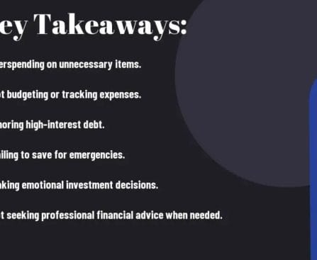 Graphic listing 6 key financial mistakes such as overspending and not saving for emergencies.