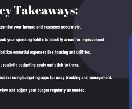 Slide with budgeting tips, titled "Key Takeaways," with six listed points for financial management.