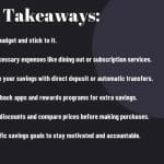 Slide with six financial tips under the title "Key Takeaways," with a blue clip design on the right.