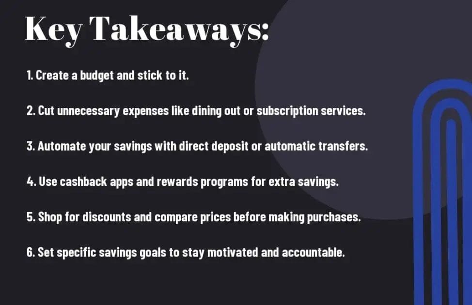 Slide with six financial tips under the title "Key Takeaways," with a blue clip design on the right.