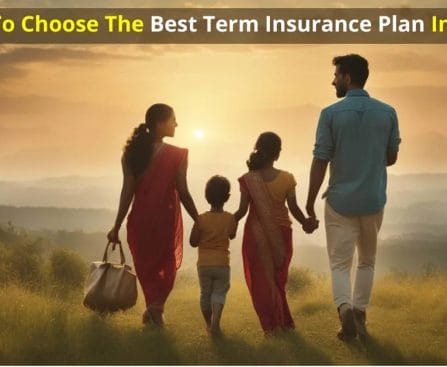 Family walking together at sunrise in grassy hills with text "How To Choose The Best Term Insurance Plan In India."