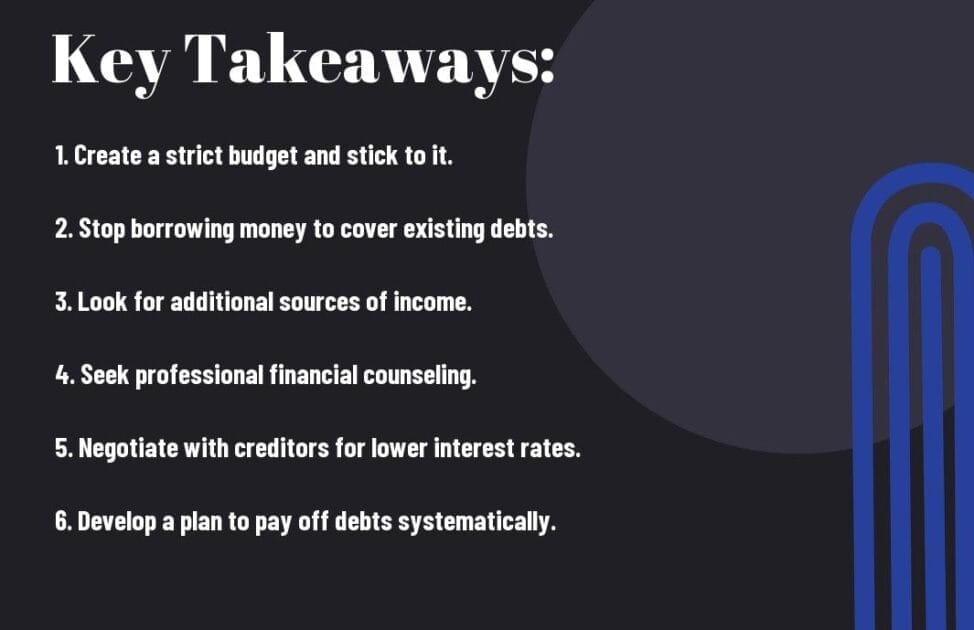 Slide with tips for debt management, including budgeting and seeking financial counseling, with graphic elements.