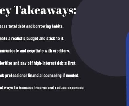 Slide with financial tips including debt assessment, budget creation, creditor negotiation, debt prioritization, counseling, and expense management.