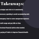 A slide with six financial tips titled "Key Takeaways" on a dark background with blue graphics.