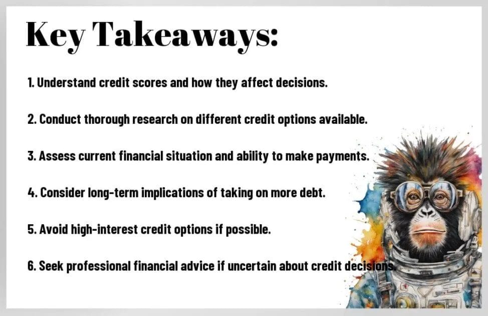 A list titled 'Key Takeaways' on credit decisions beside an illustration of a monkey in a spacesuit.