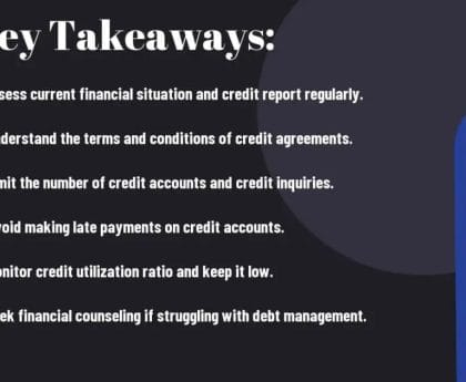 Slide with tips titled 'Key Takeaways' on managing credit, including regular financial assessments and debt management.