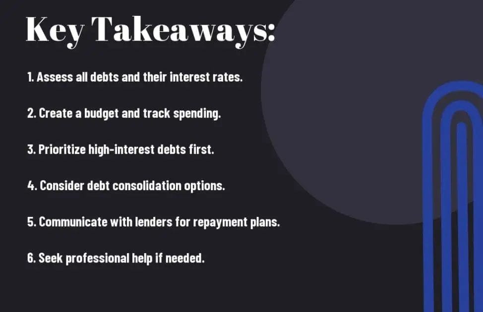 A slide with financial tips titled 'Key Takeaways' listing six debt management steps, with a blue abstract design.