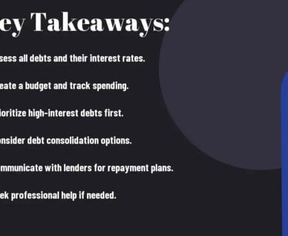 A slide with financial tips titled 'Key Takeaways' listing six debt management steps, with a blue abstract design.