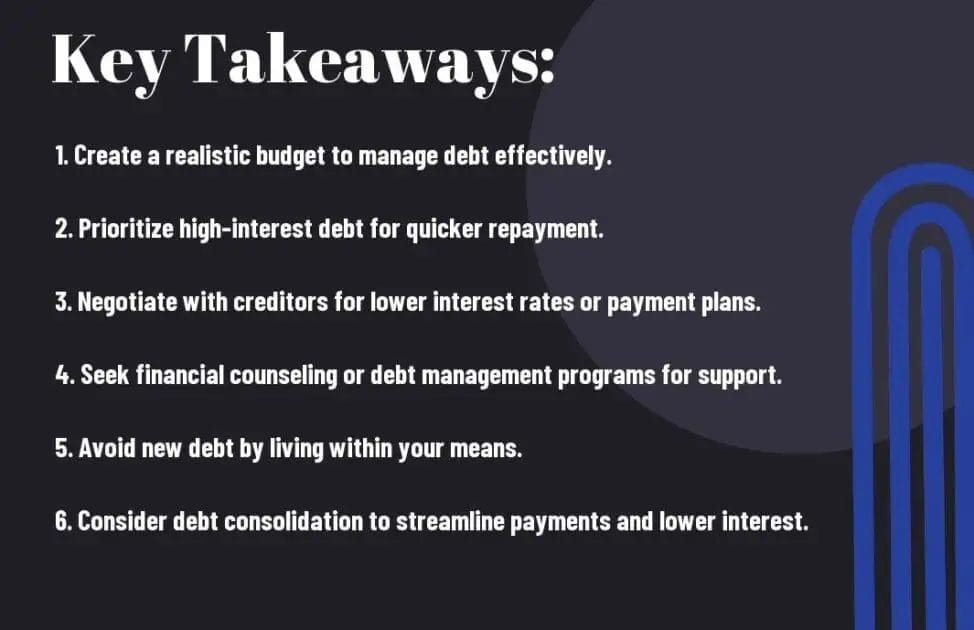 Slide with financial tips titled "Key Takeaways" listing six debt management strategies.