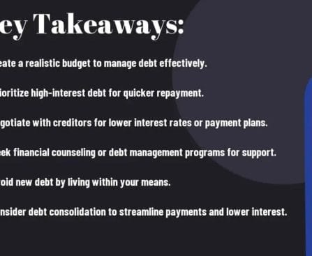 Slide with financial tips titled "Key Takeaways" listing six debt management strategies.