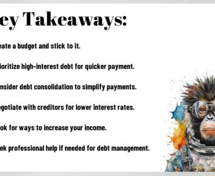 List of 6 debt management tips beside an illustration of a monkey in an astronaut suit.