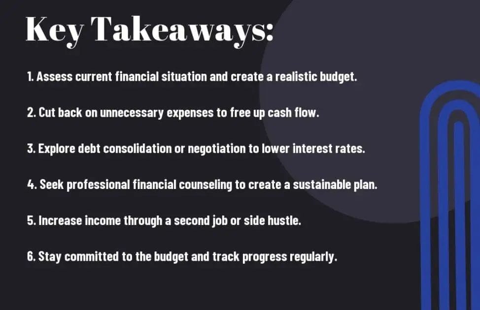 Slide with financial tips: budget creation, expense cuts, debt strategies, counseling, income boost, and progress tracking.