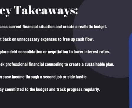 Slide with financial tips: budget creation, expense cuts, debt strategies, counseling, income boost, and progress tracking.