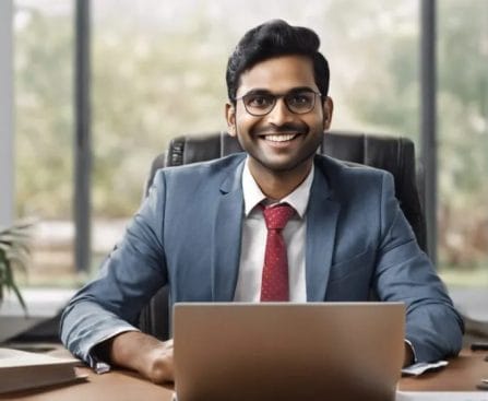 A smiling man in a suit sitting at a desk with a laptop, in a well-lit office.