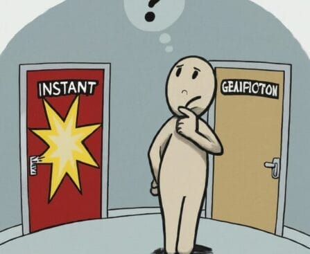 A cartoon character pondering between two doors labeled "INSTANT" and "GENILOPTON" with a question mark overhead.