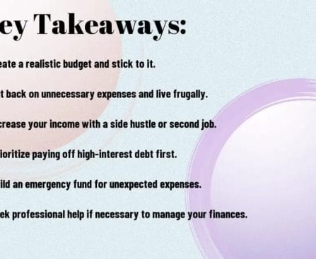 Slide with financial tips labeled "Key Takeaways," including budgeting and reducing debt.